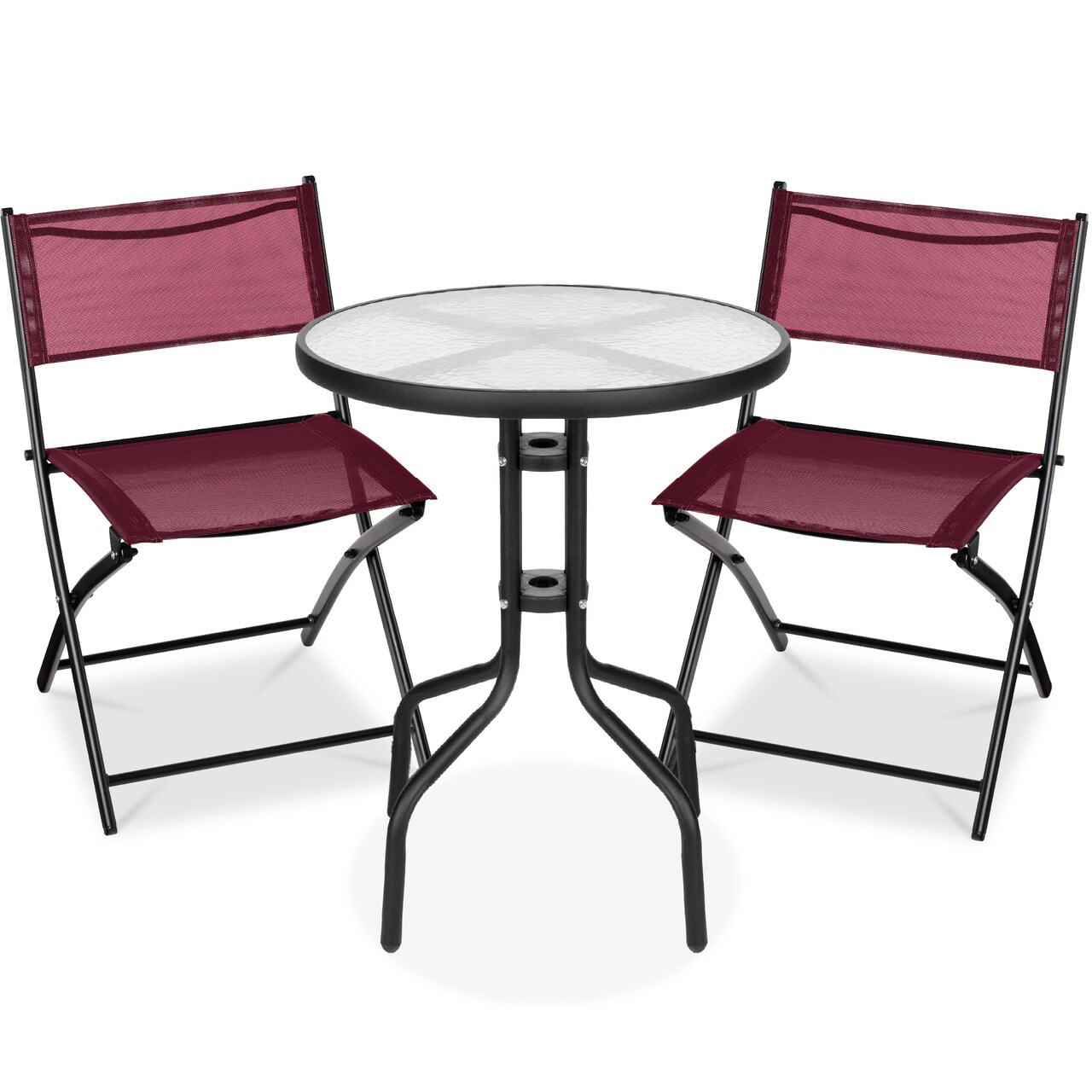 Best Choice Products 3-Piece Patio Bistro Dining Furniture Set w/ Round Textured Glass Tabletop, Folding Chairs